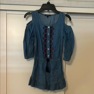My Michelle  Blue Denim Romper with Floral Embroidery